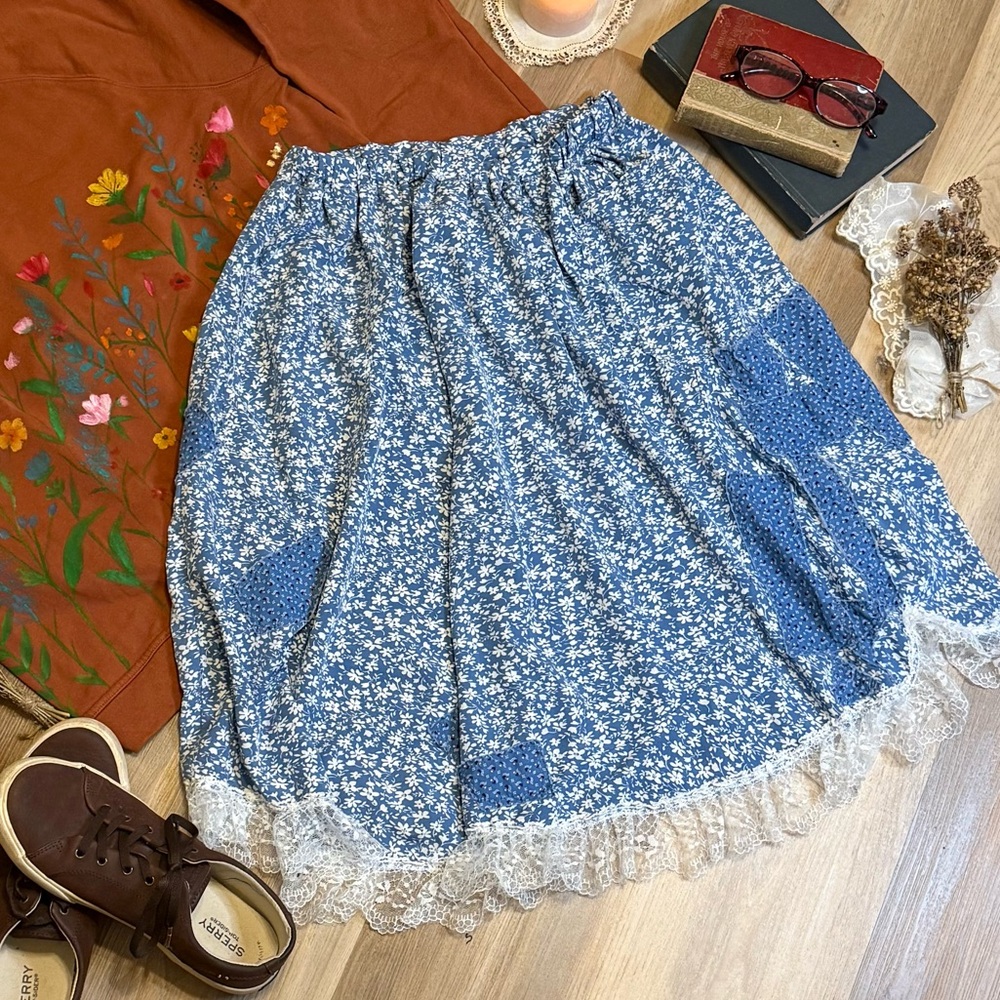 Upcycled Blue Floral Skirt with Handkerchief Hem Lace Trim & Patchwork Pockets